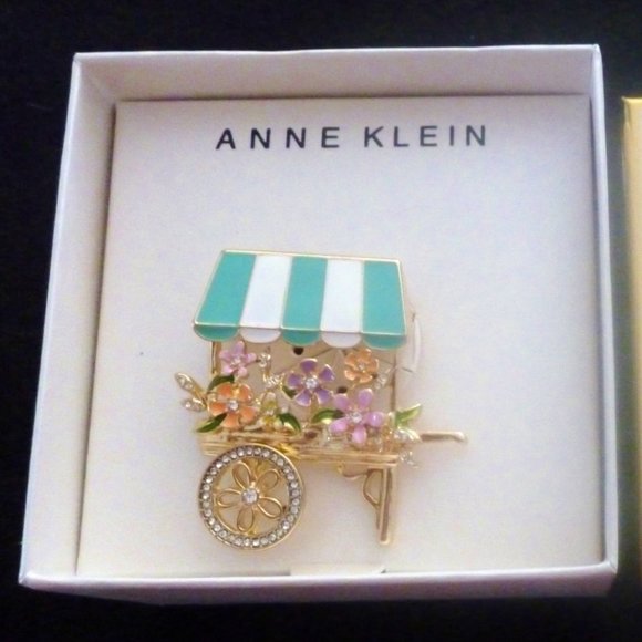 Anne Klein Pin Flower Cart Crystal & Enamel Gold Plate NIB Green White Pink M367 - Picture 4 of 6
